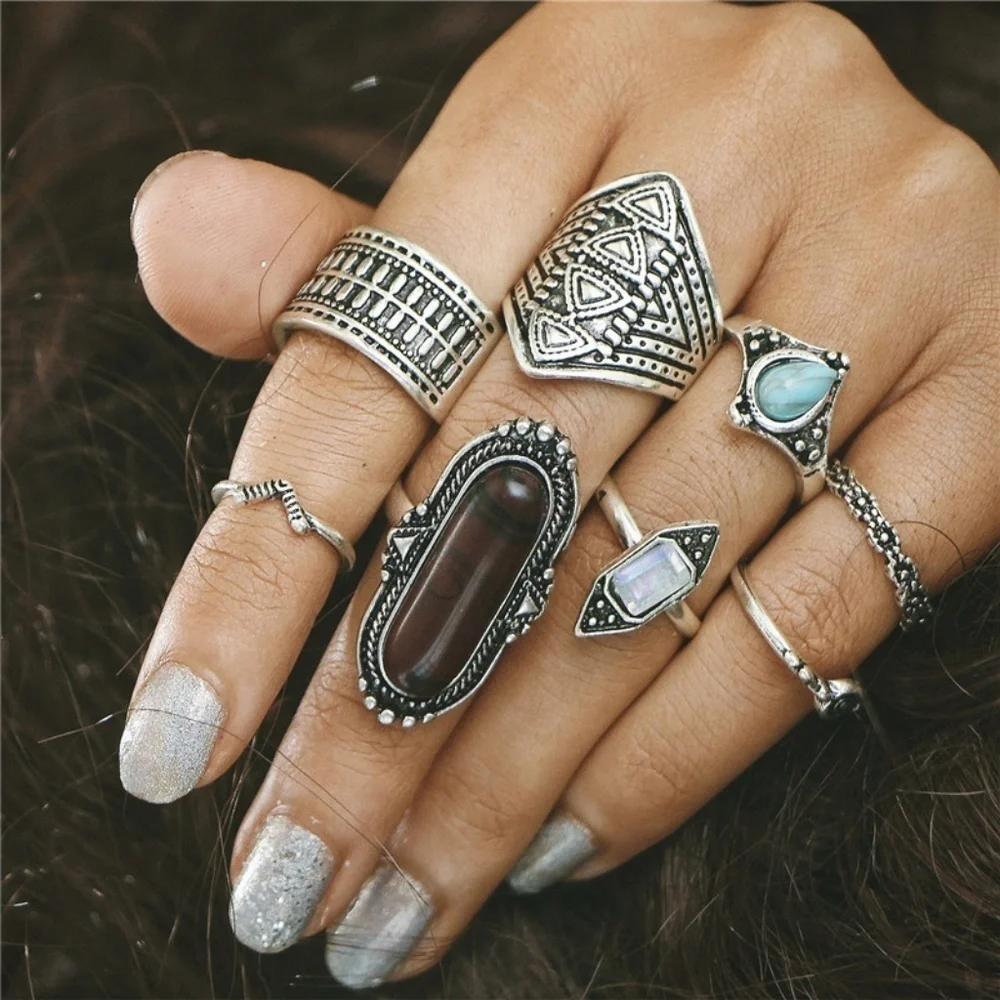 *CAMILLA* 8-Pc Silver x Turquoise Fashion Ring Set